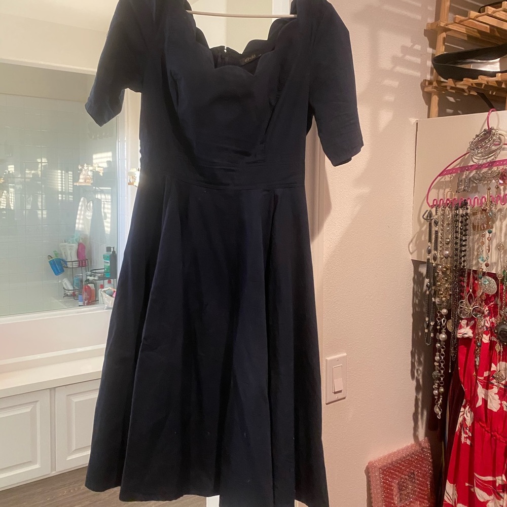 eshakti Navy Blue Scalloped Neck Midi Dress